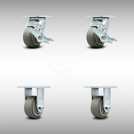 Service Caster 4 Inch SS Thermoplastic Rubber Caster Set with Roller Bearings 2 Brake 2 Rigid SCC-SS30S420-TPRRF-TLB-2-R-2